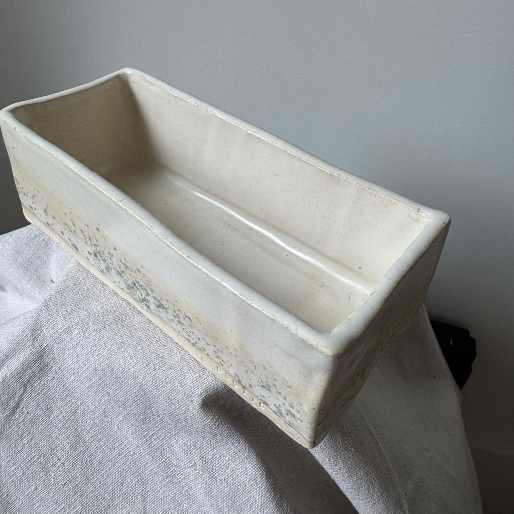 Rectangular ceramic planter on a gray surface with a neutral background