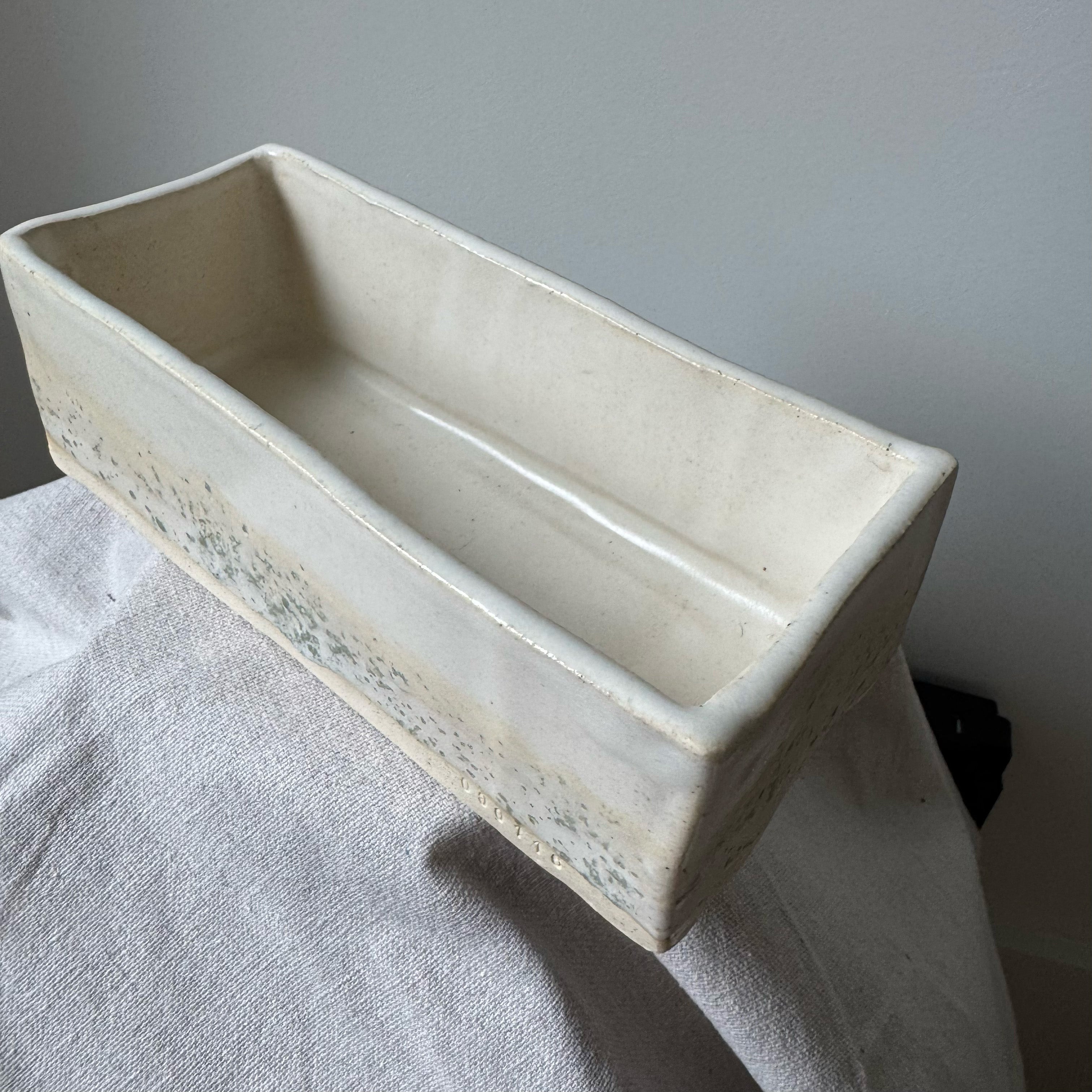 Rectangular ceramic planter on a gray surface with a neutral background
