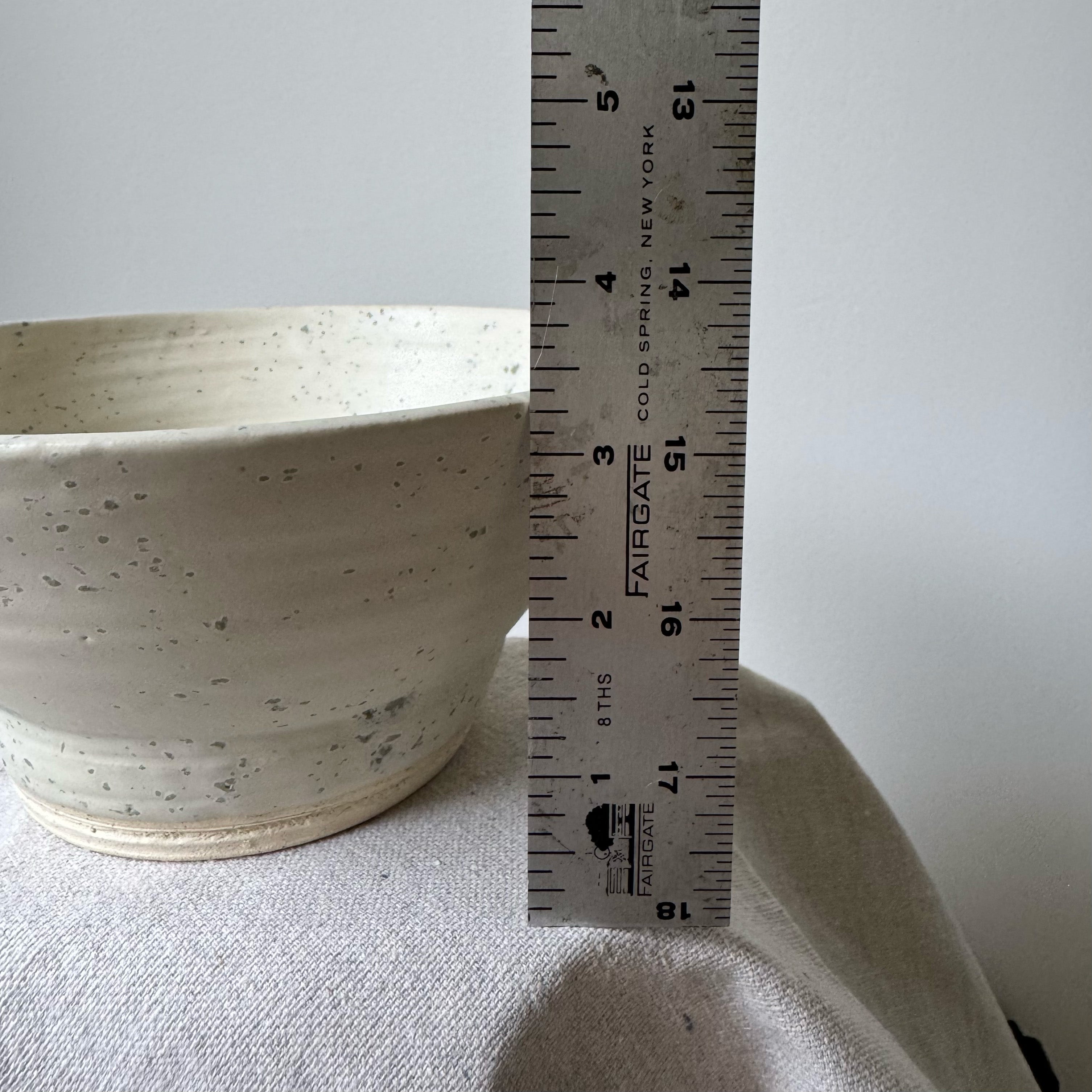 Ceramic bowl next to a ruler for size reference on a neutral background