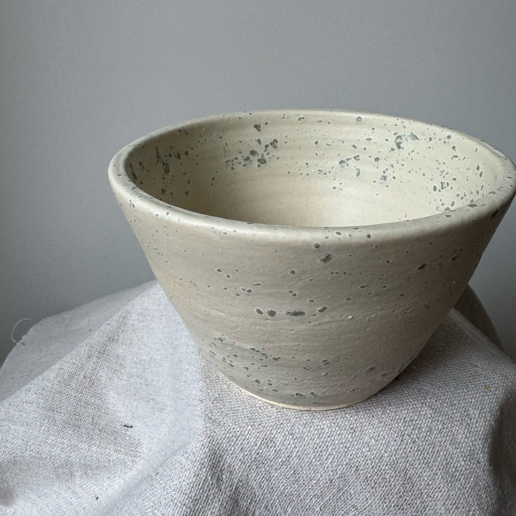 Speckled beige ceramic bowl on a gray surface with a neutral background