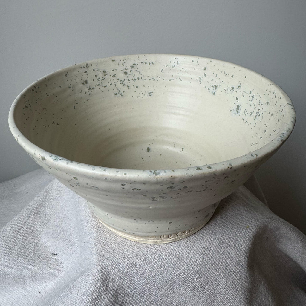 Speckled ceramic bowl on a textured surface with a neutral background