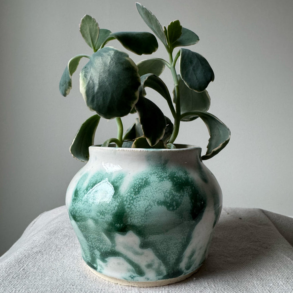 Green marbled vase with a plant on a neutral background