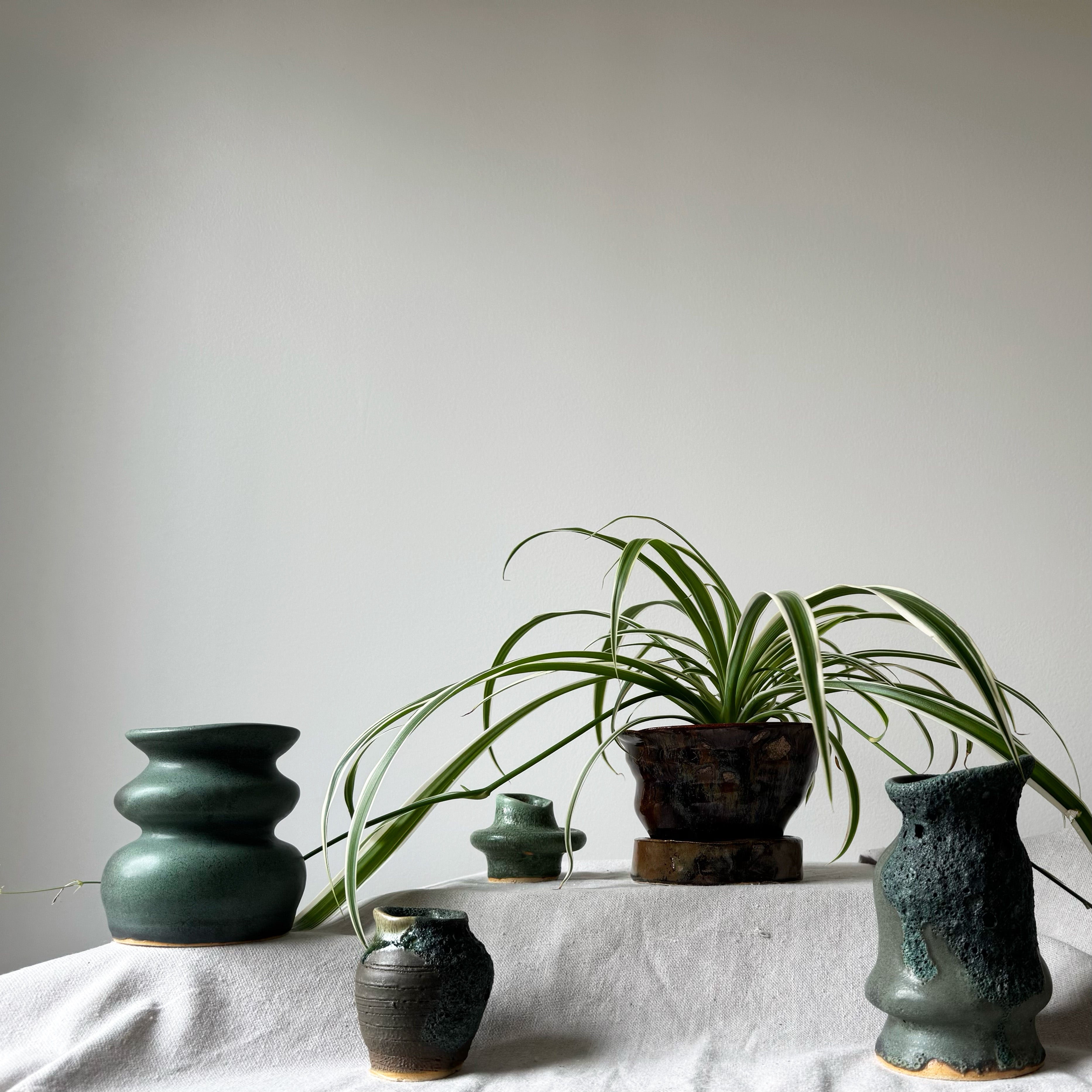 Collection of green ceramic pots and a plant on a light surface with a neutral background