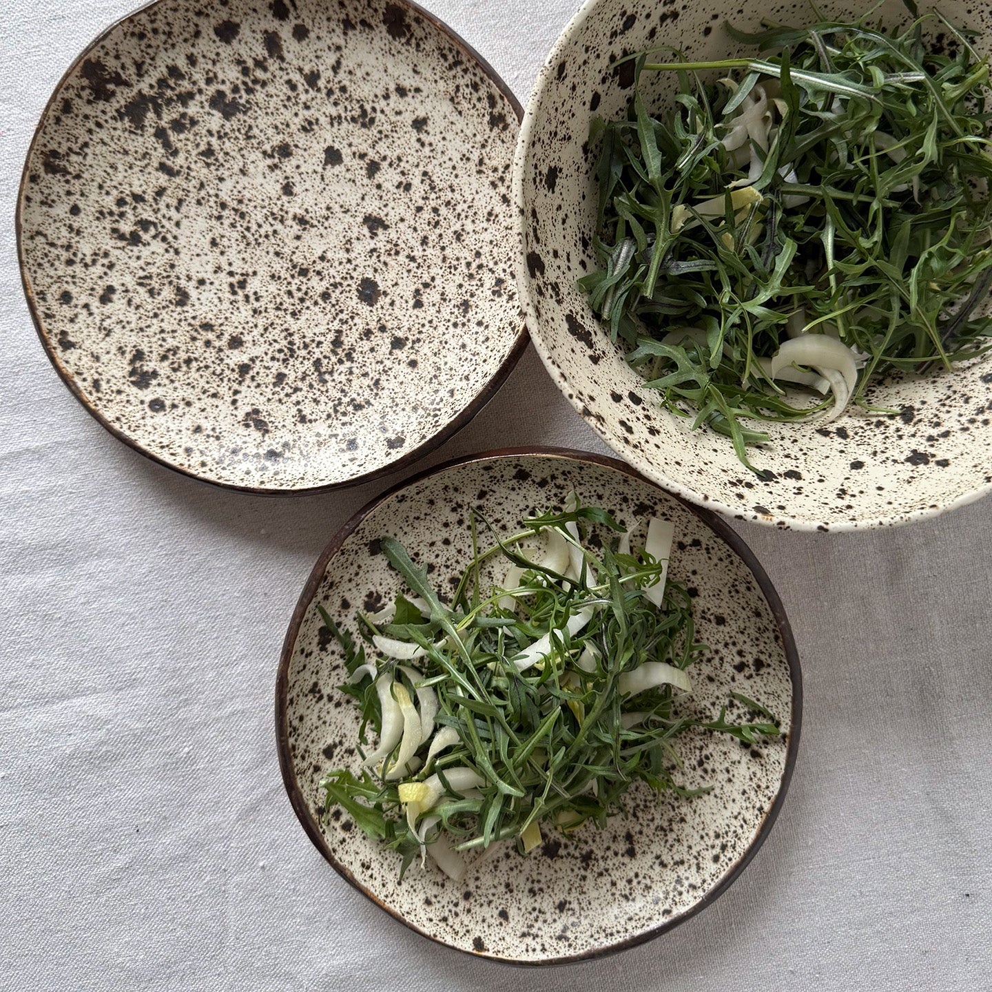 Two speckled ceramic plates and one bowl with green salad on a light gray background