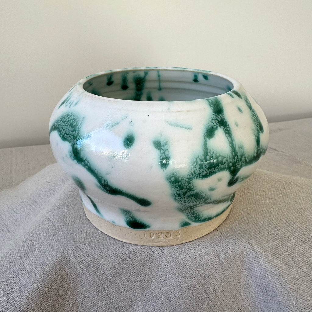 ceramic green and white splatterware container