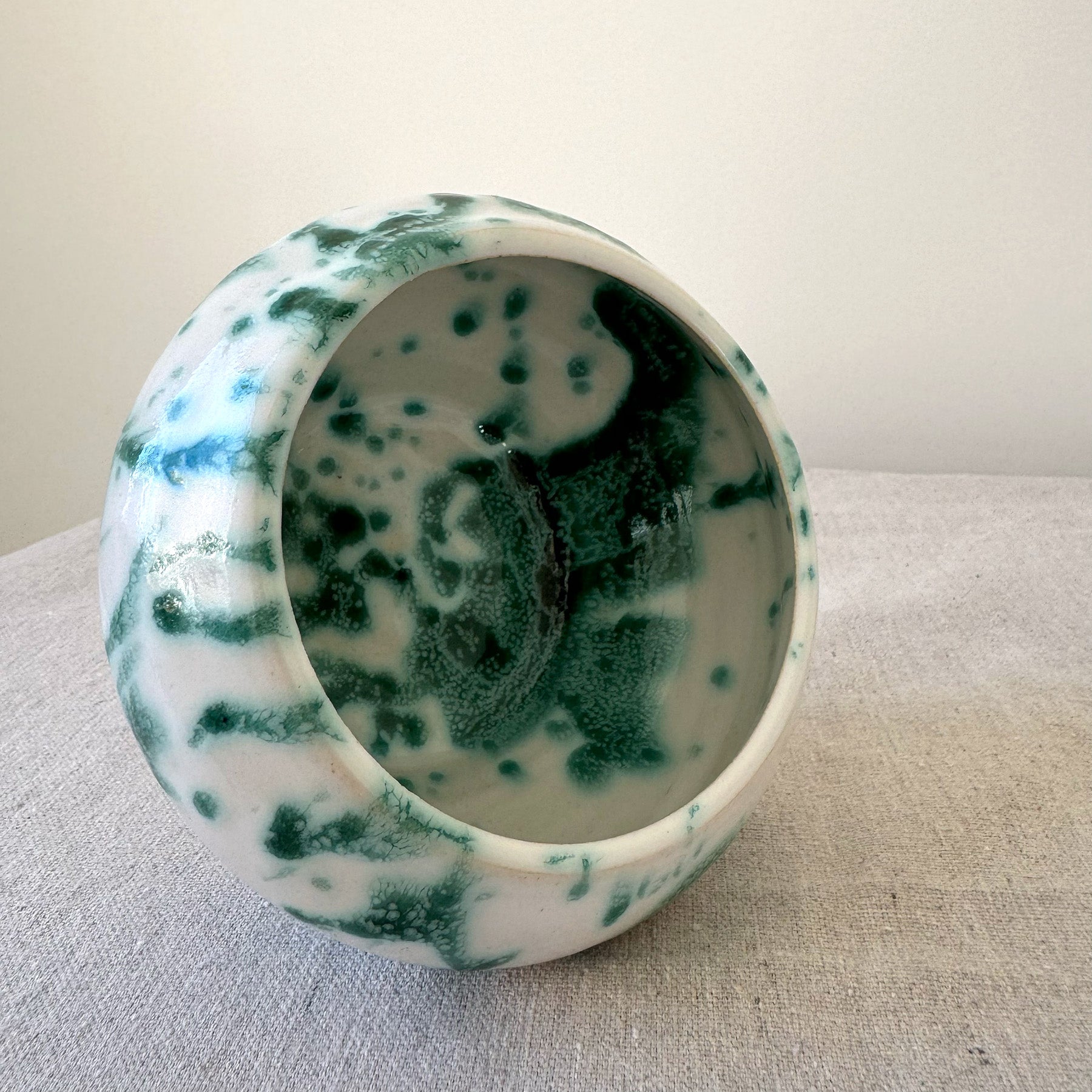 ceramic green and white splatterware container