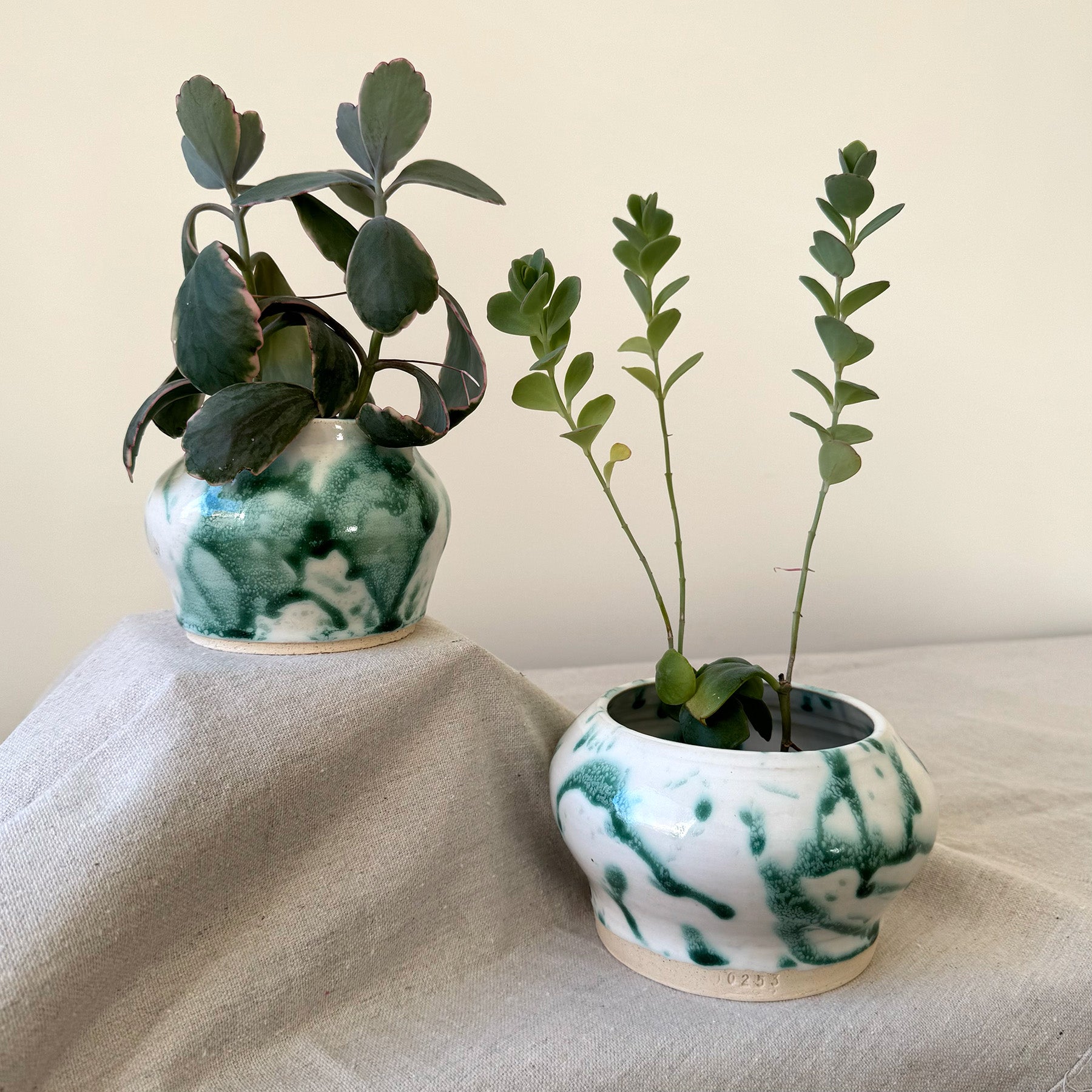 ceramic green and white splatterware container